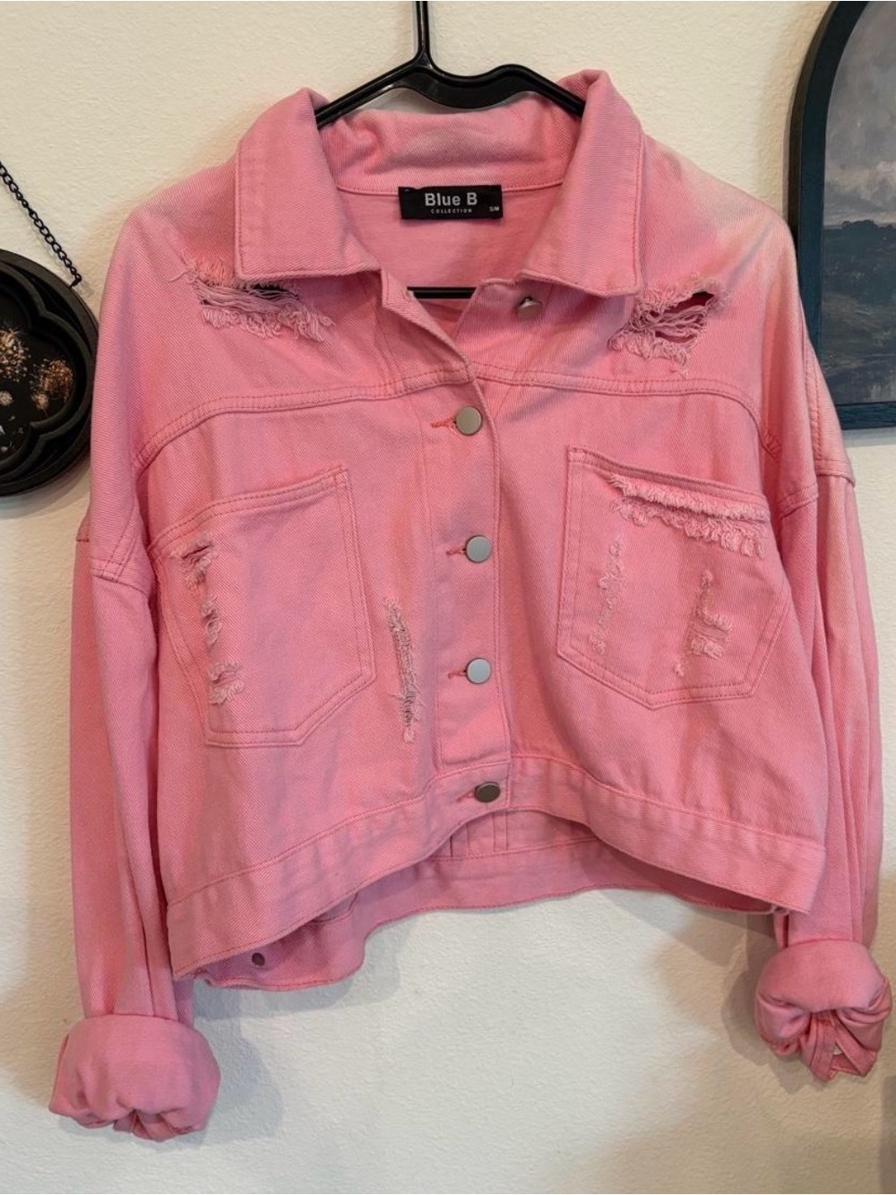 Pink Distressed Cropped Denim Jacket